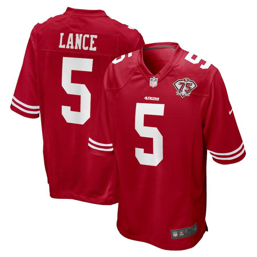 Men San Francisco 49ers #5 Trey Lance Nike Scarlet 75th Anniversary Player Game NFL Jersey